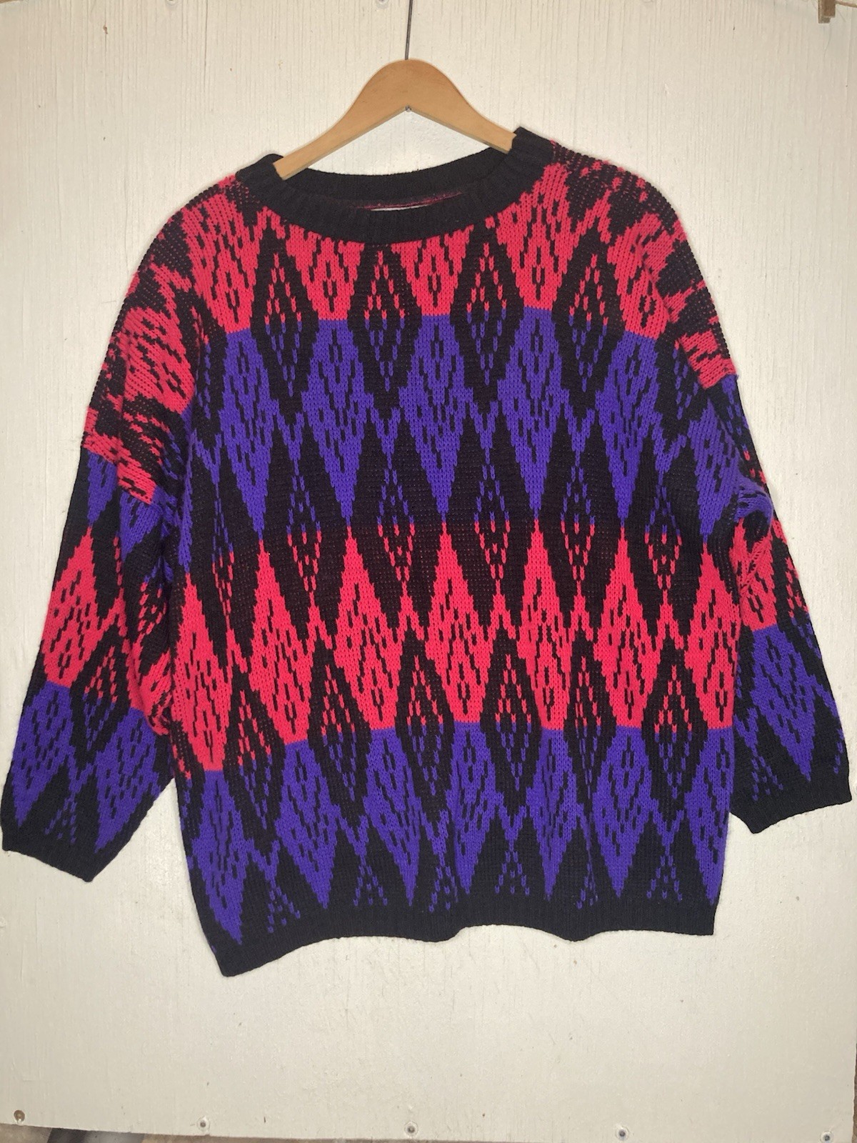 Vintage JORDACHE Womens Size BOXY Medium 22 Sweater NEON SKI Colorblock 80 USA