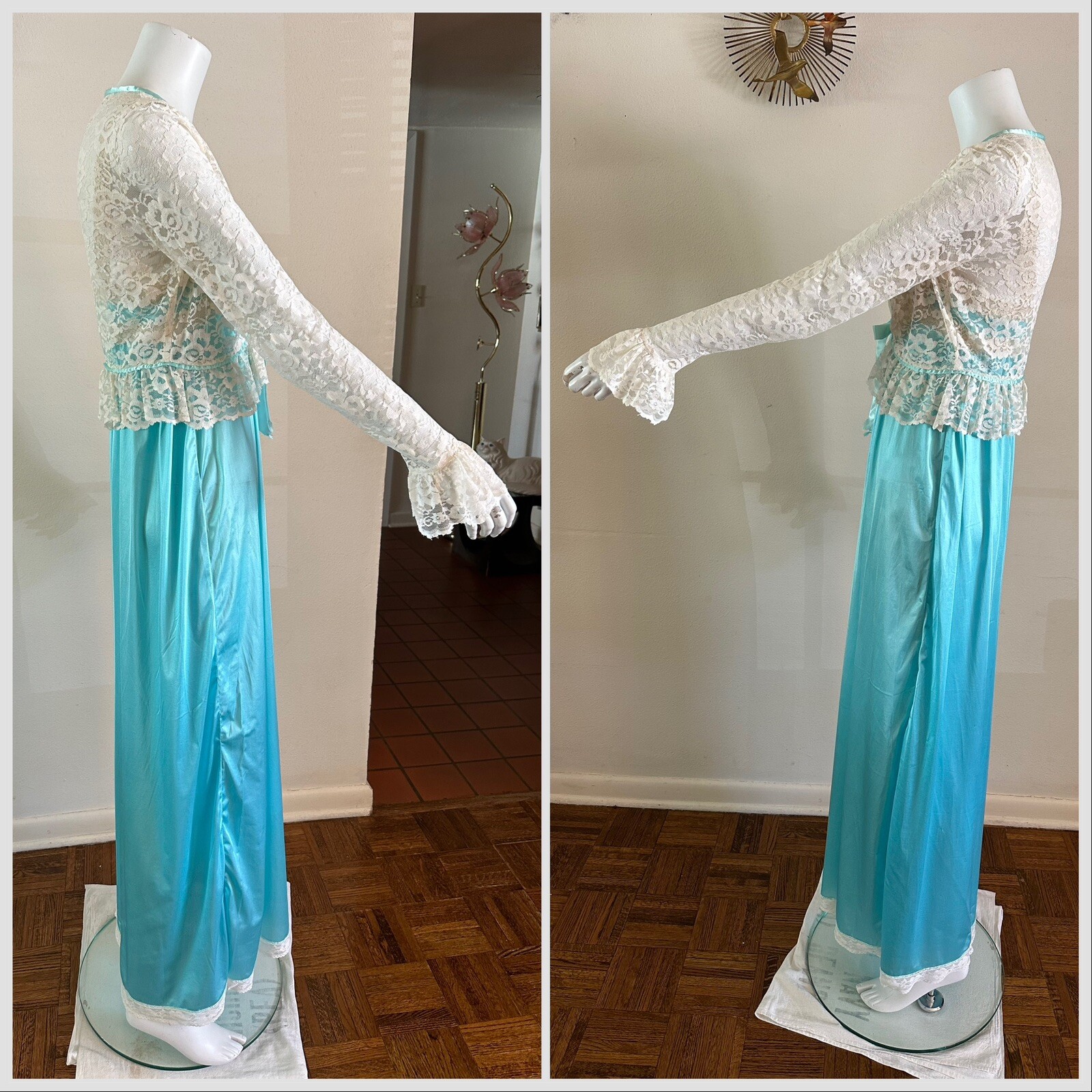 1970s Miss Elaine 2 Pc Lace Bed Jacket Negligee Nightgown Boho Hostess Gown VTG