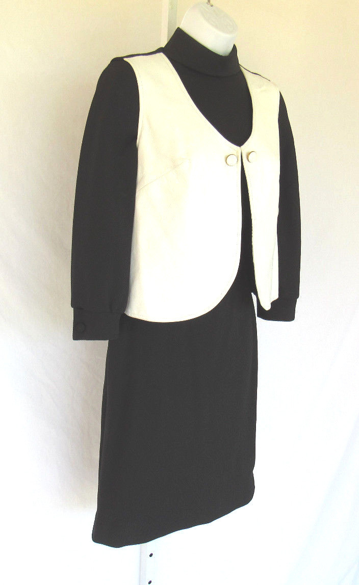 VINTAGE 1960s MOD ICONIC THE PHYLLLIS LOOK SKIRT TOP VEST SIZE 8 BLACK WHITE