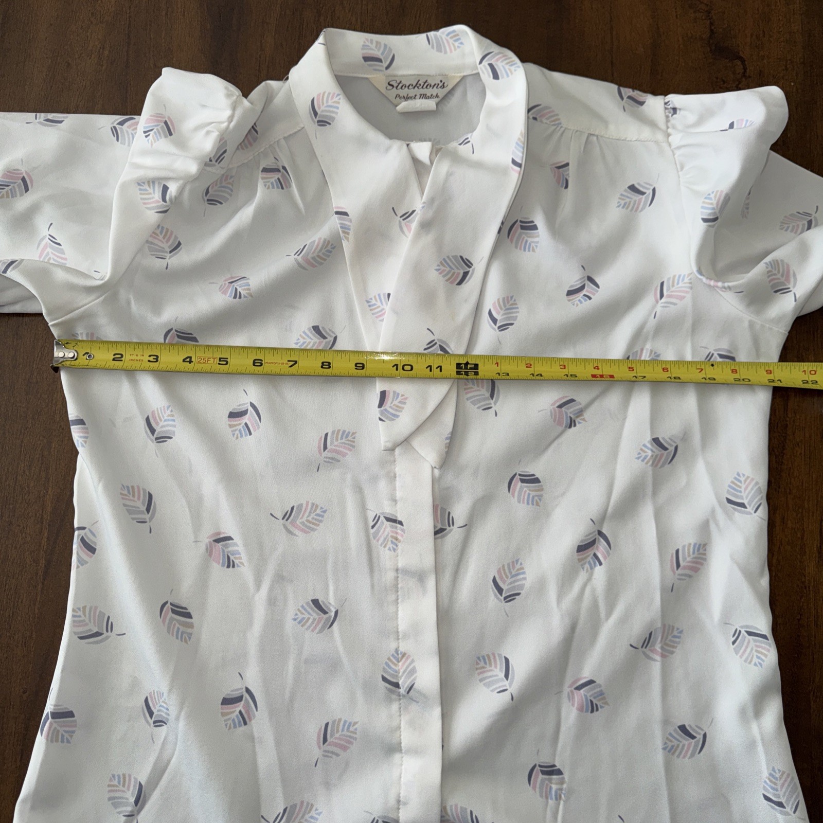 Vintage 80s Stocktons white pastel leaf printed blouse shirt pussybow tie sz 14