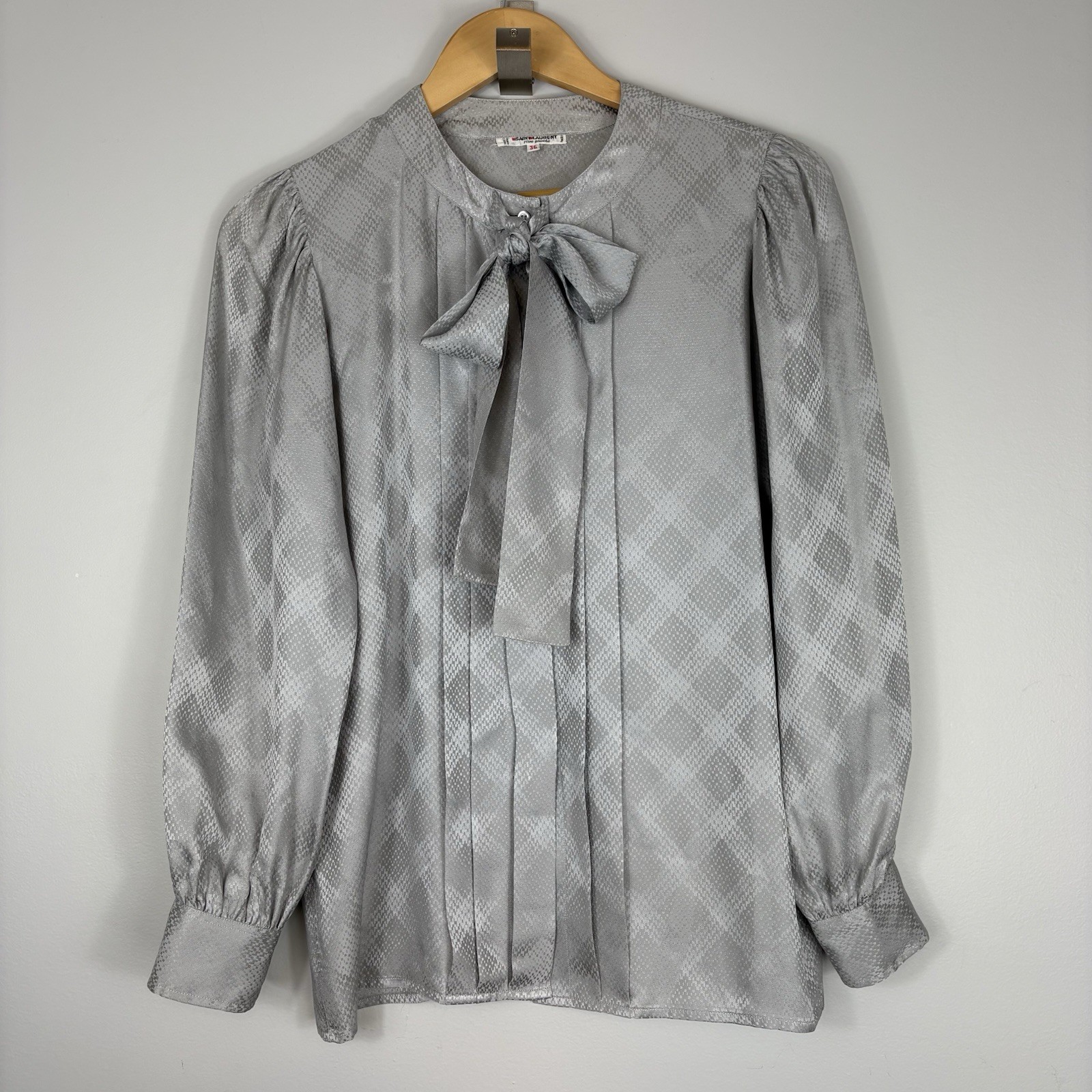 Vtg 1980s Yves Saint Laurent Rive Gauche Silk Jacquard Tie-Neck Blouse YSL