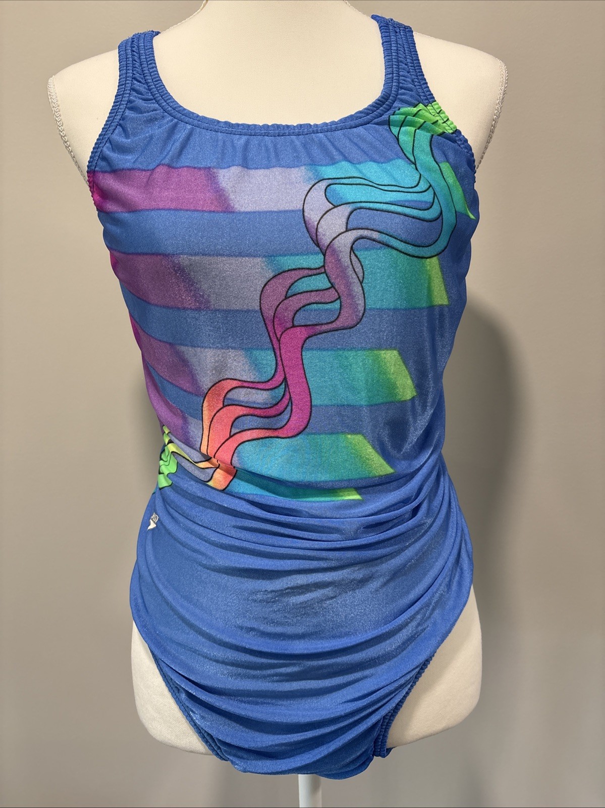 Vintage 90&rsquo;S SPEEDO Womens 14 38 Blue Vaporwave Rainbow Racerback USA Antron
