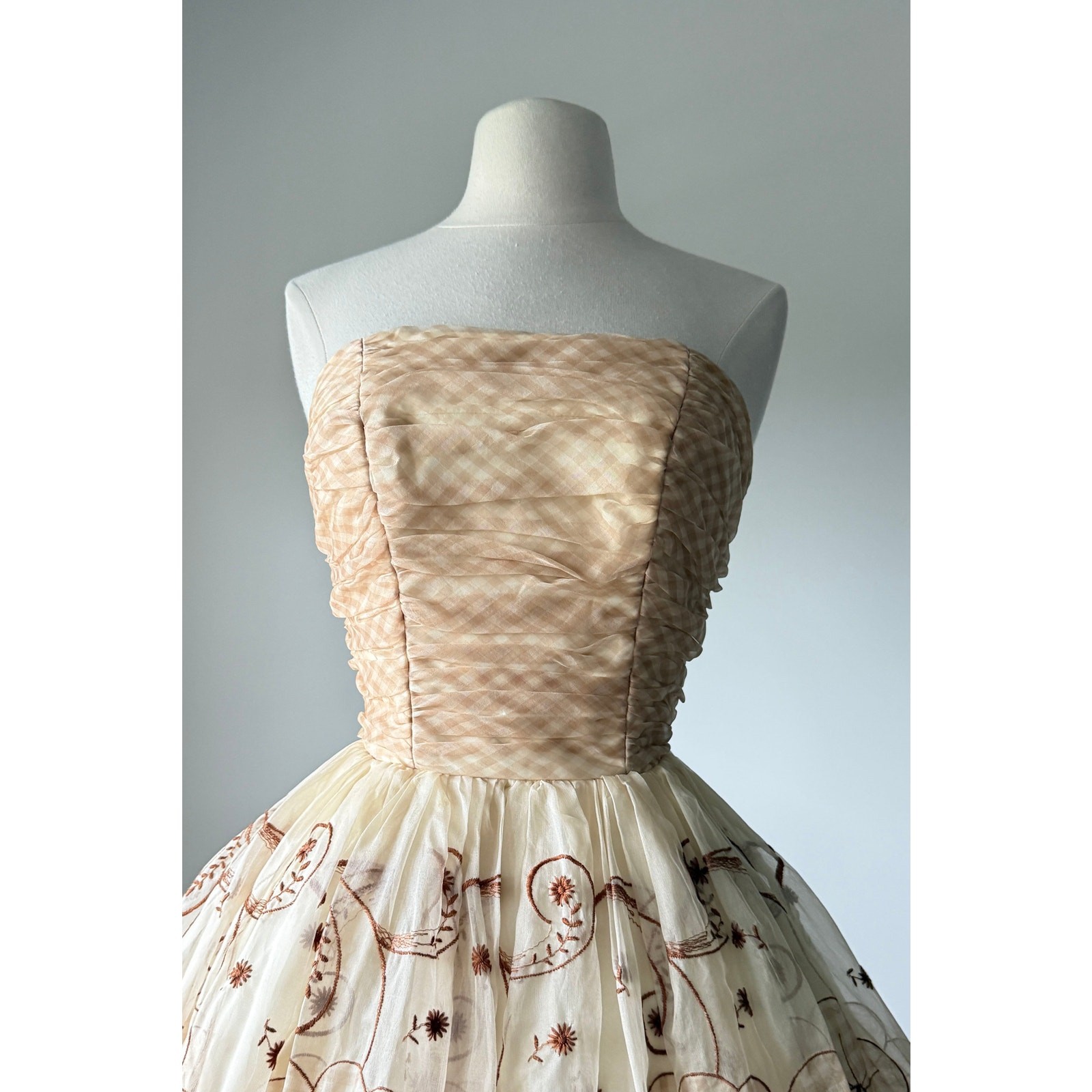 Vintage 1950s Gingham Organza Strapless Prom Party Wedding Dress XS