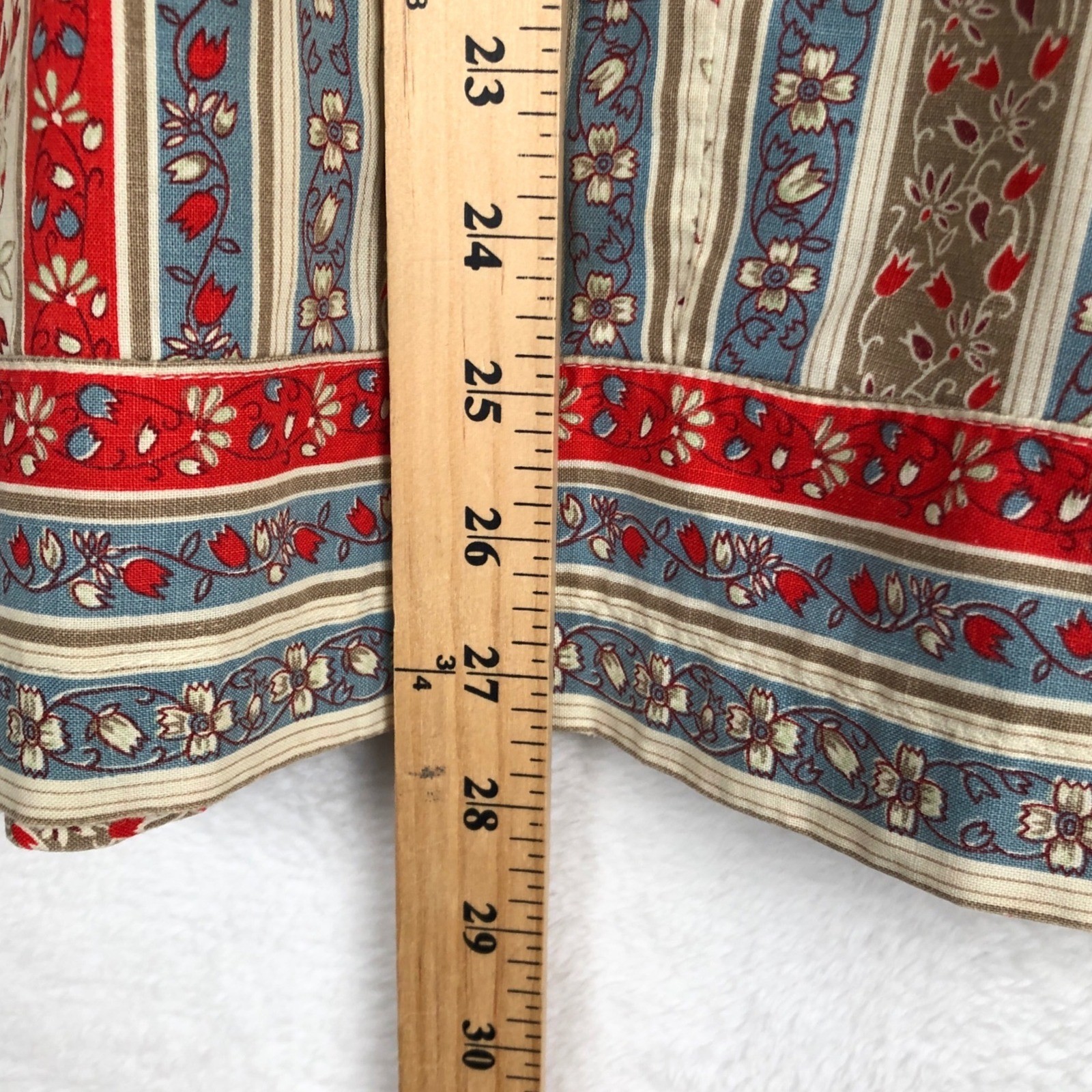 VTG 70s Handmade Floral Striped Toggle Button Tunic Top Sz M Red Blue Cream Boho