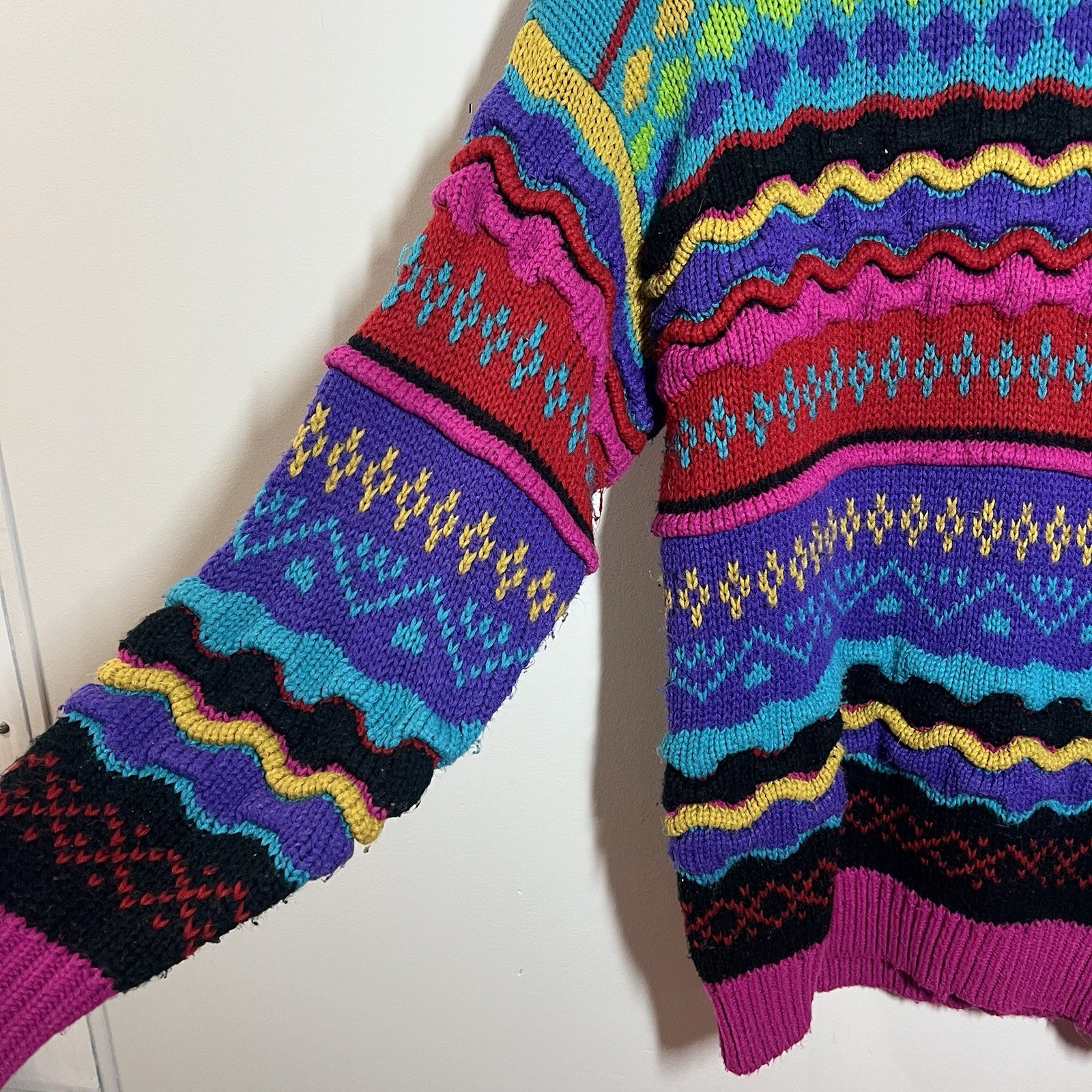 Vtg IVY Multi-color 3D Coogi Style Cable Knit Sweater Acrylic Size M Cosby Mock