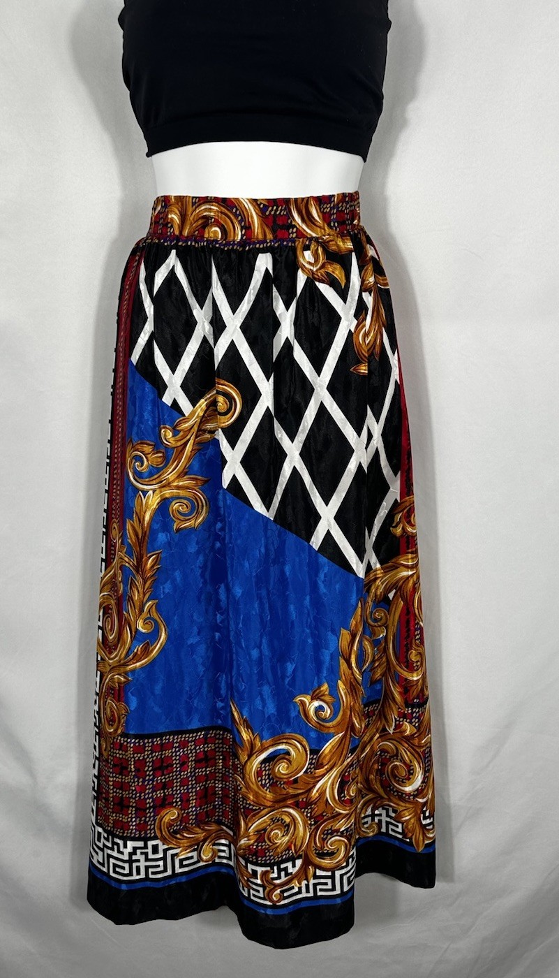 Vintage Satin Ethnic Midi Skirt SZ 8 Folk Equestrian Scarf Print Festival Indie