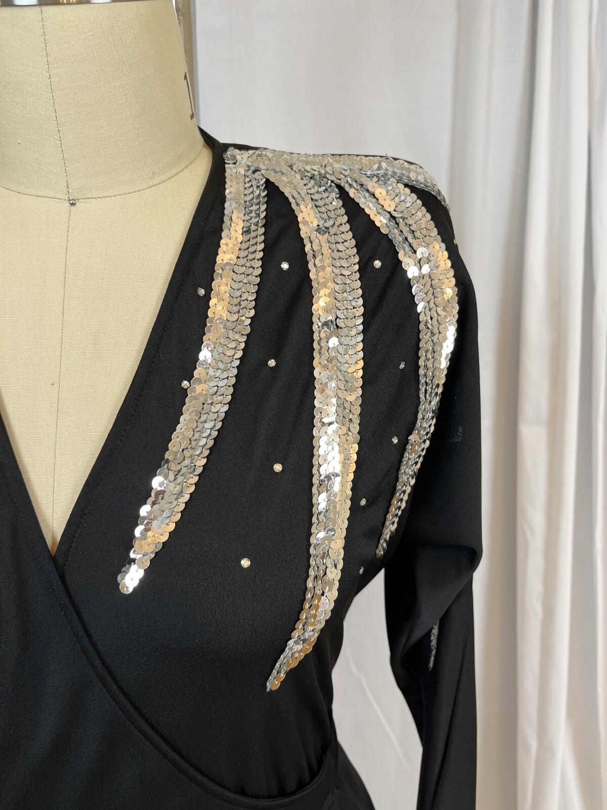 1980&rsquo;s Black Poly Wrap Disco Dress With Sequins and Rhinestones Size 10