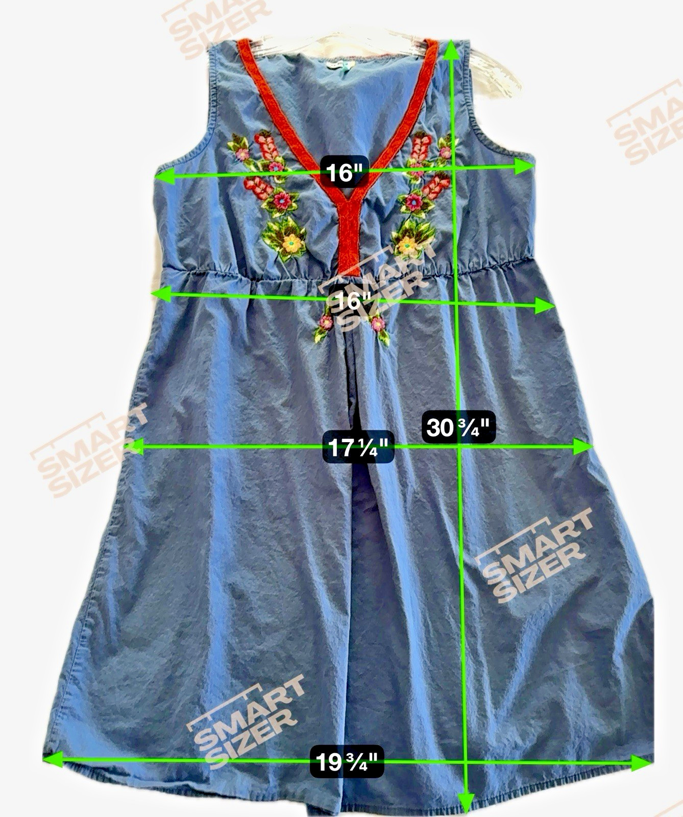 Boho VTG Old Navy Embroidered Flowers Blue Dress w/ Orange Trim Cotton MED