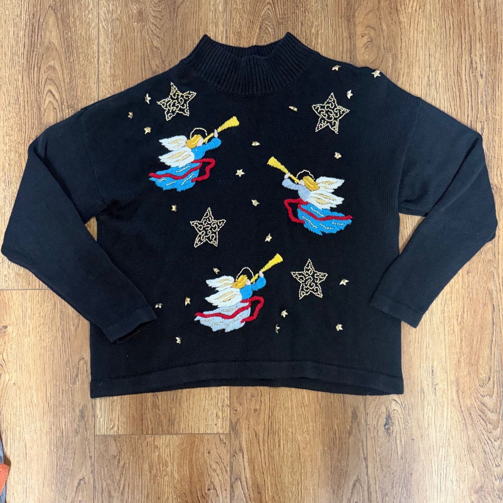 Victoria Jones 90s Christmas Sweater Knit Angels Beads Embroidered Womens L VTG