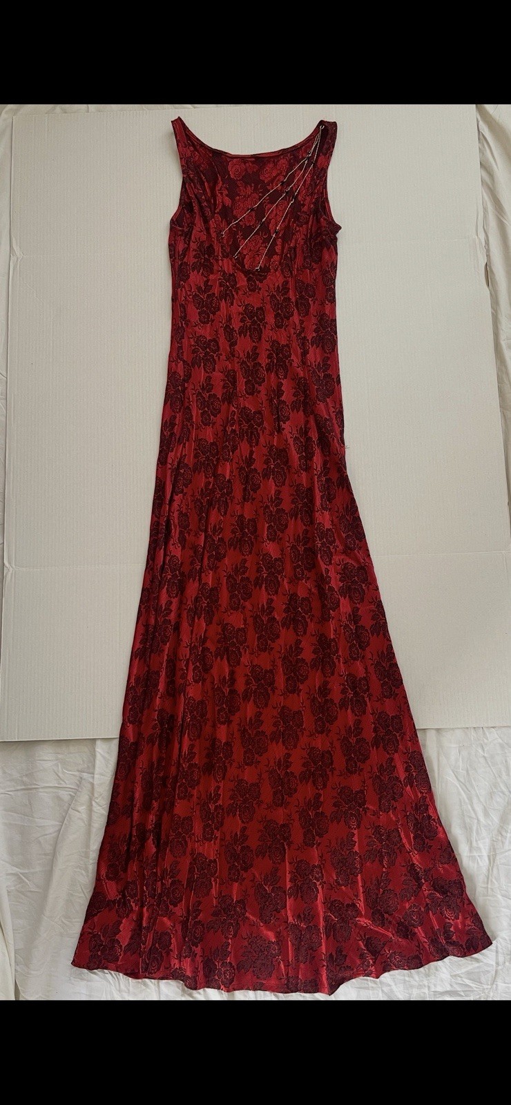 Vintage CDC Ruby Red Floral Jacquard Evening Column Gown Unique Chain Back