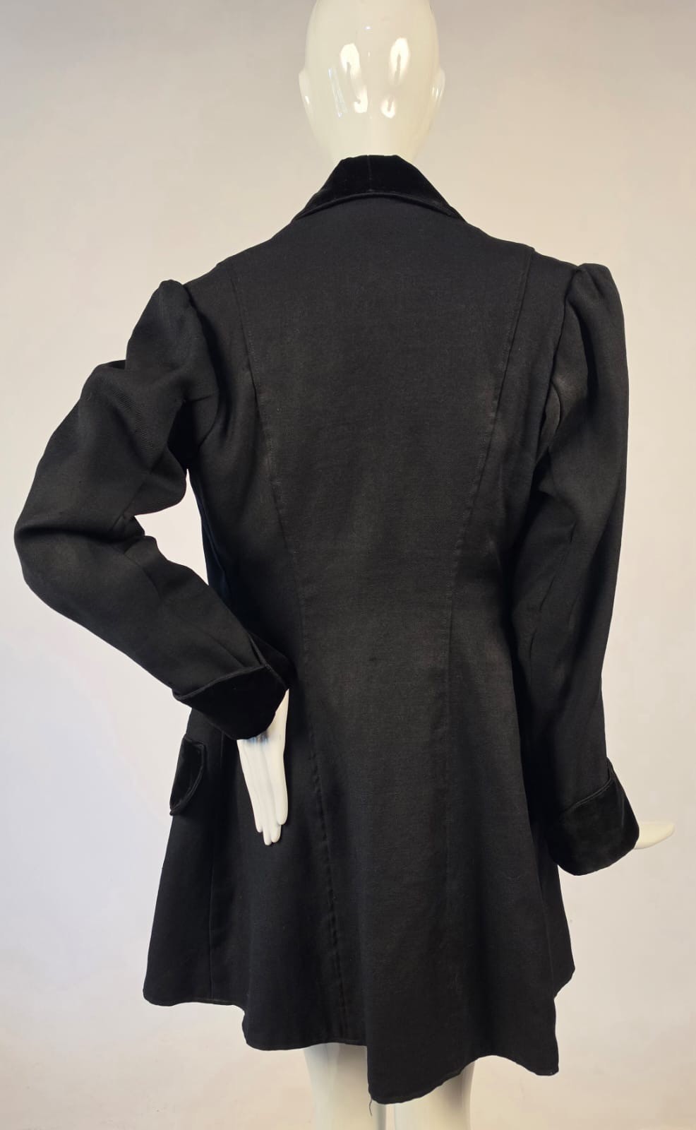 EDWARDIAN BLACK WOOL WALKING SUIT JACKET W VELVET TRIM