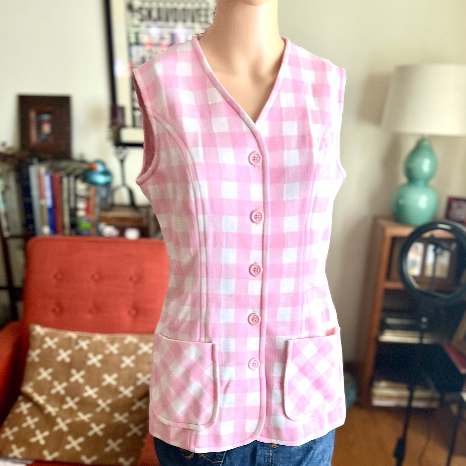 Vintage 1970s Pink & White Gingham Sears Vest