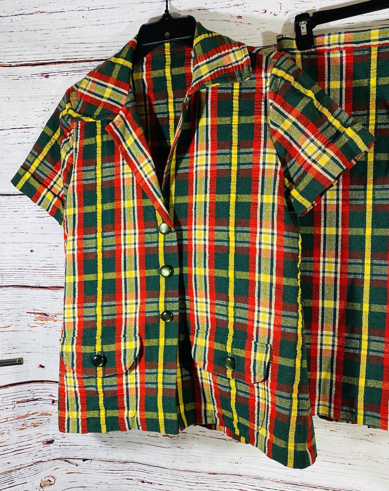 Vintage Plaid Jacket Skirt Set Handmade 1960s or 1970s Retro Green Red Yellow