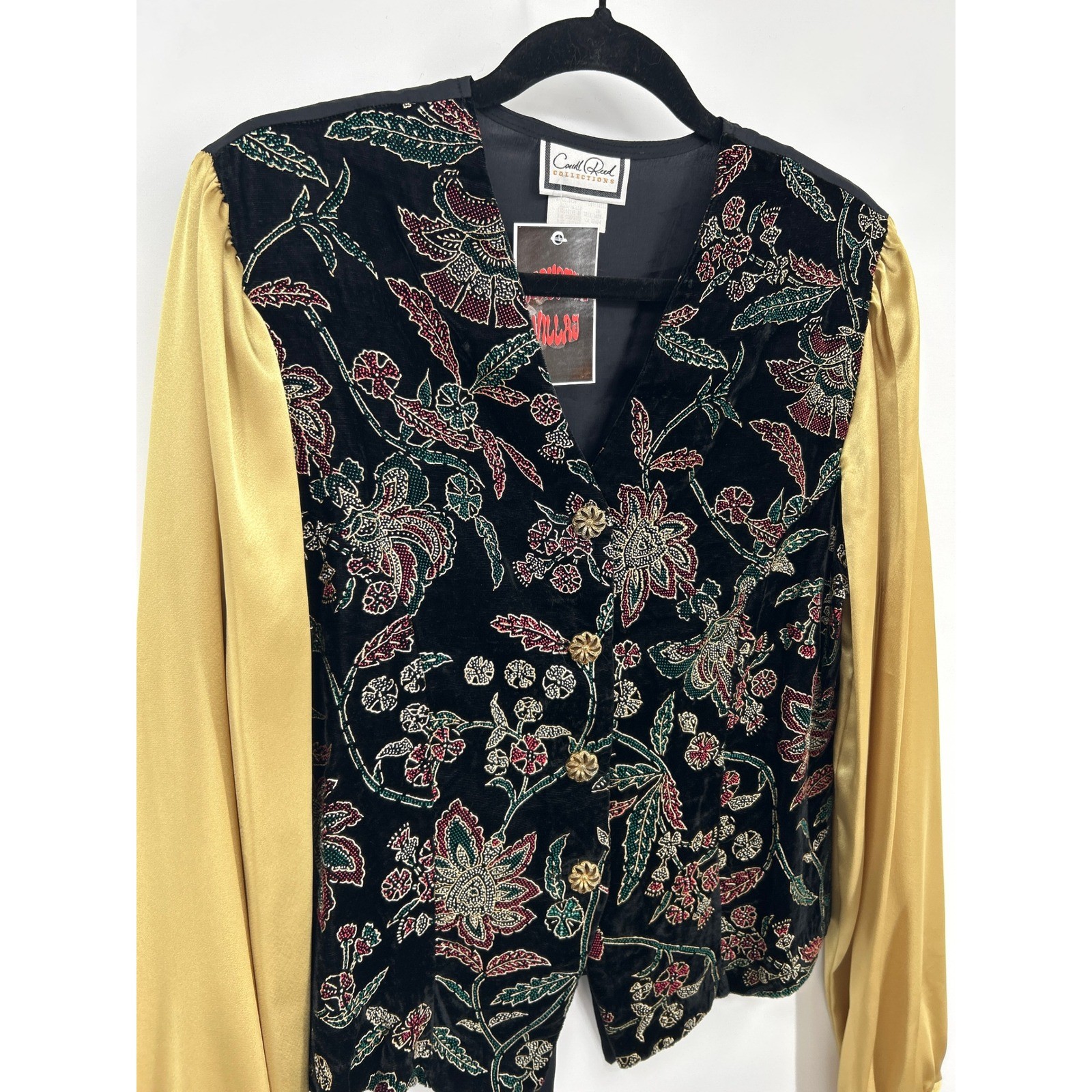 Carol Reed Collections Vintage Velvet Floral Beaded Jacket Gold Satin Sleeve 16