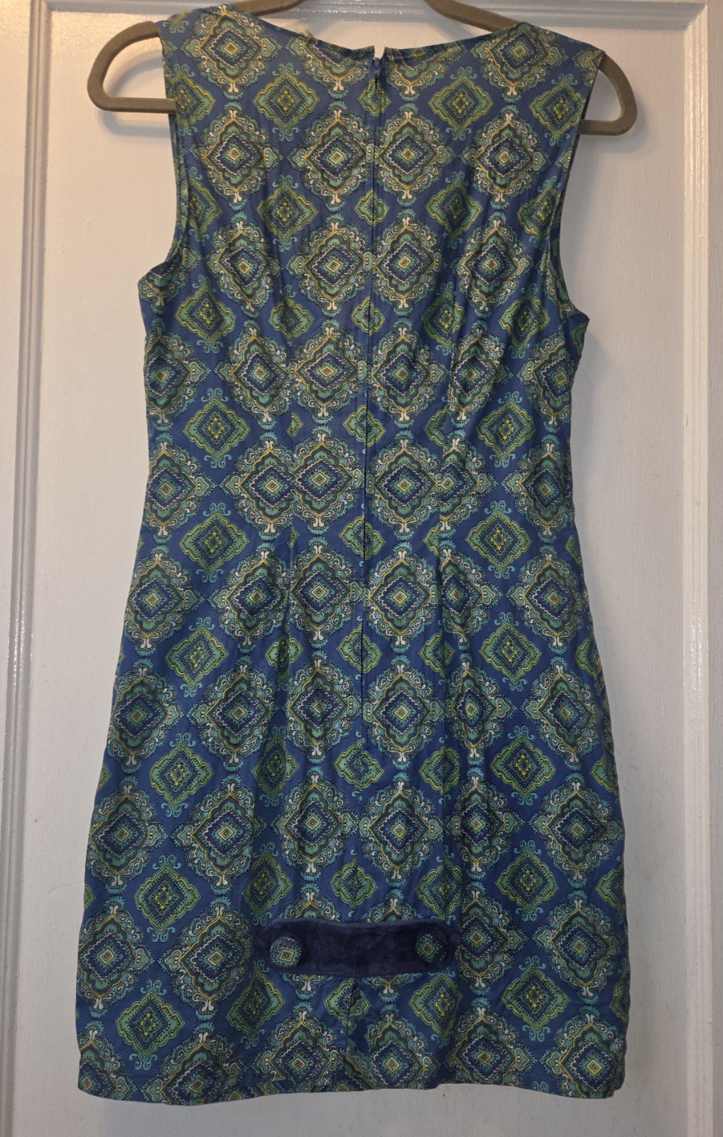 True Vintage 1960&prime; Mini Dress. Geo Pattern. Navy Turquoise. Velvet And Buttons.S