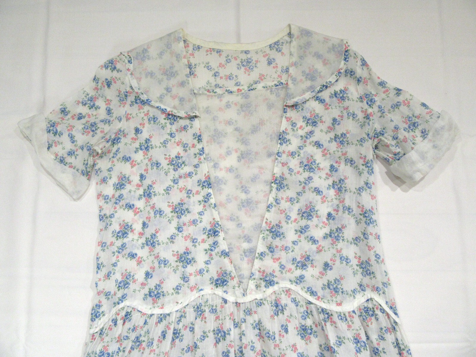 ANTIQUE VINTAGE DAY DRESS 1920S DROP WAIST COTTON FLORAL ORGANDY ART DECO M F4