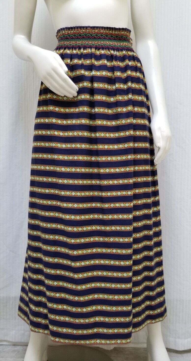Vintage Blue Red Green Yellow Floral Striped Maxi Skirt – Smocked Waist – M/L