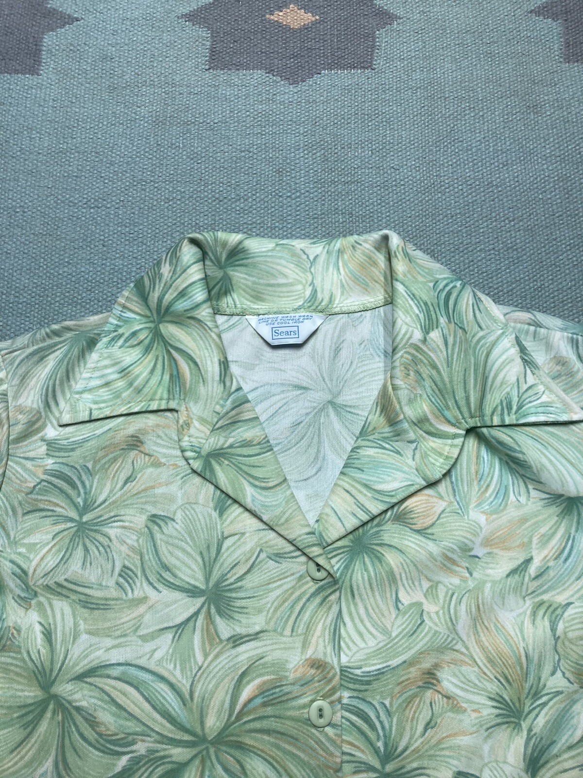 Vintage 70s button shirt blouse sears psychedelic all over print women’s size 20