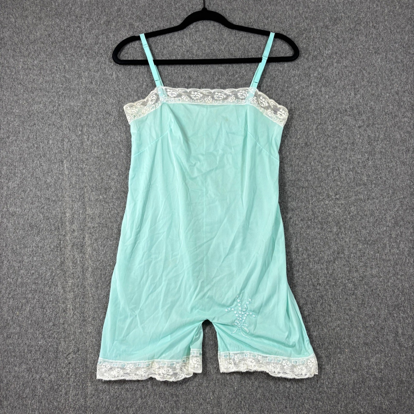 Vintage 50s Kayser Aqua Blue Lace Trim Teddy Romper Step-In Chemise Lingerie 32