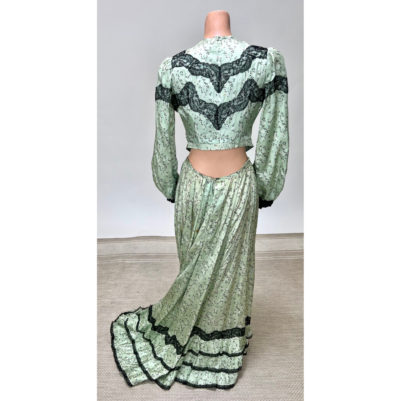 Antique Victorian Mint Green Printed Silk Two Piece Floral Skirt Set Black Lace