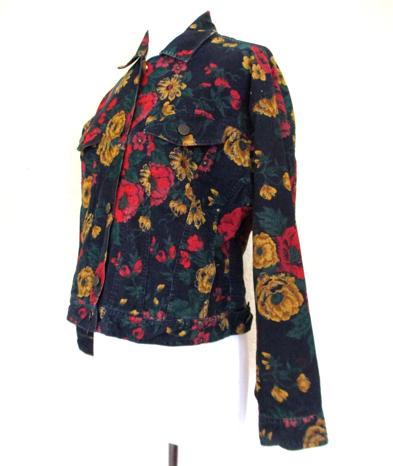 Vintage Crop Corduroy Jacket Medium Women Blue Multicolor Floral Print