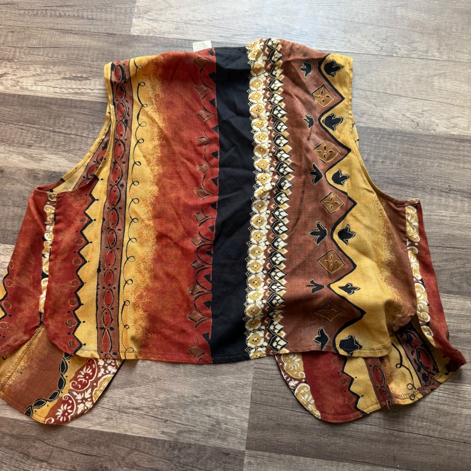 Maggie Lawrence Vintage Rayon Vest Small Tribal Abstract Print Boho Rust Mustard
