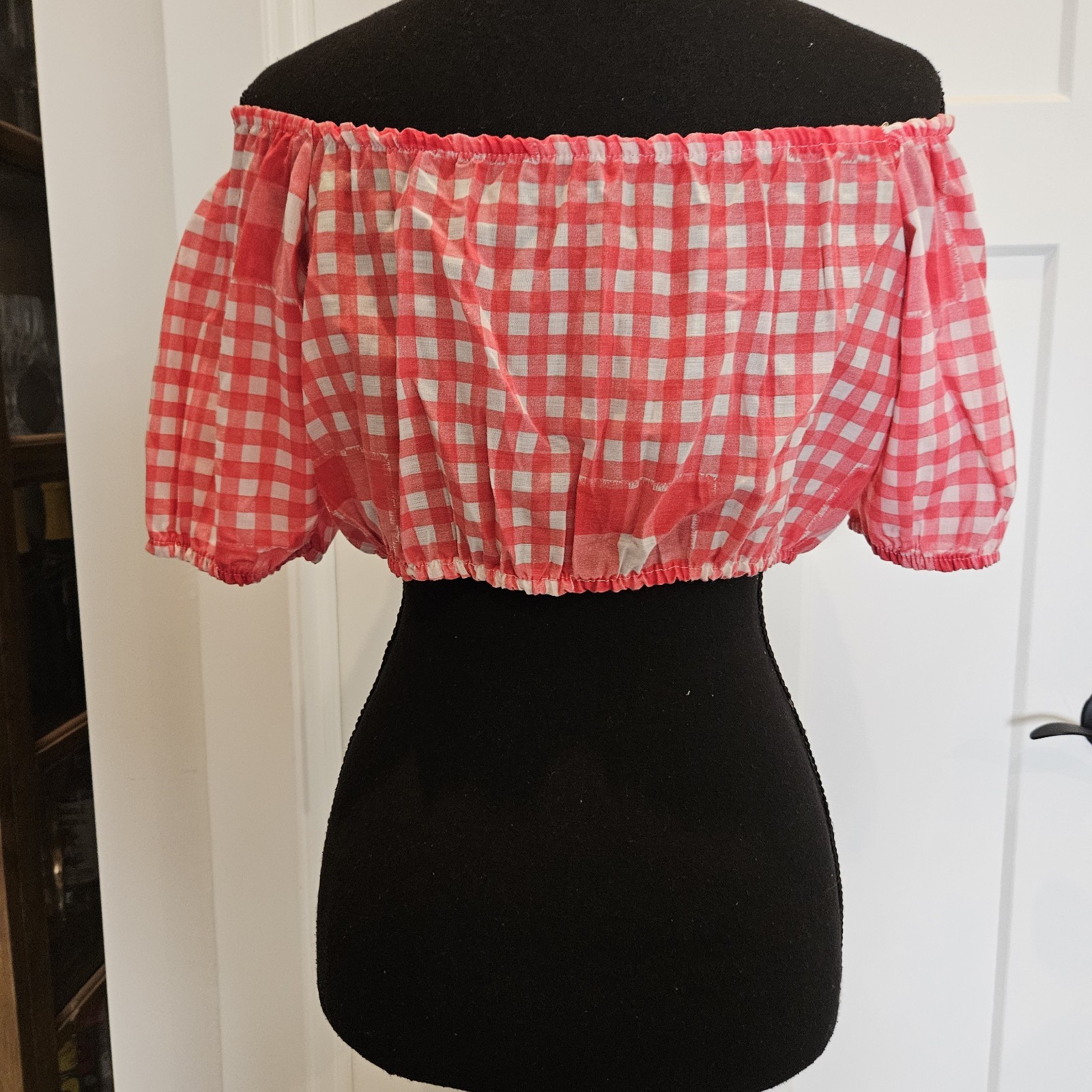 VTG 1970s Sears JR Bazaar Red/White Checker Gingham Off Shoulder Cotton Crop Top
