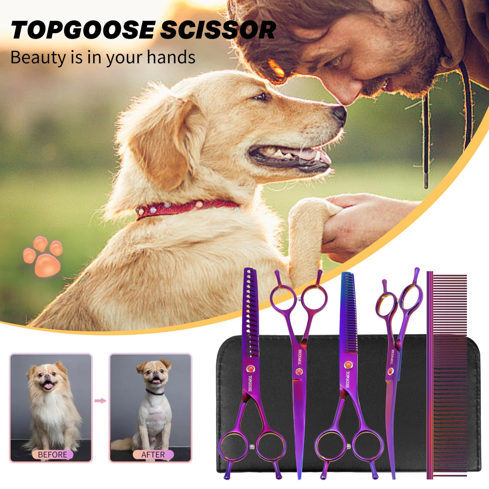 TOPGOOSE Dog Grooming Scissors Kit, Professional 6 in 1 Pet Scissors Sharp Shear