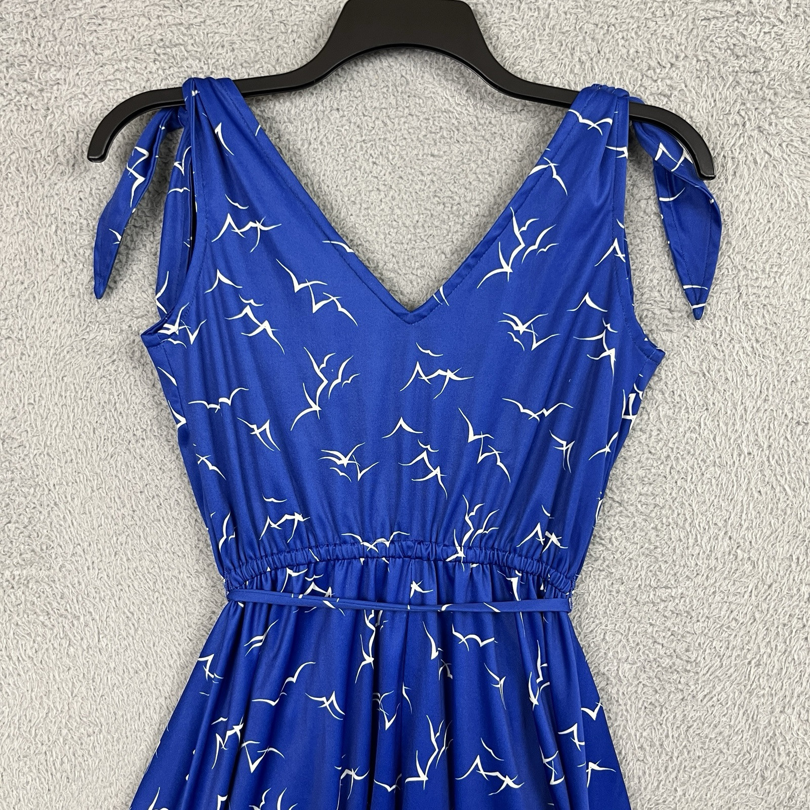 Vintage 70s Dress Womens Small Blue Seaside Seagulls All Over Print Tie Shoulder