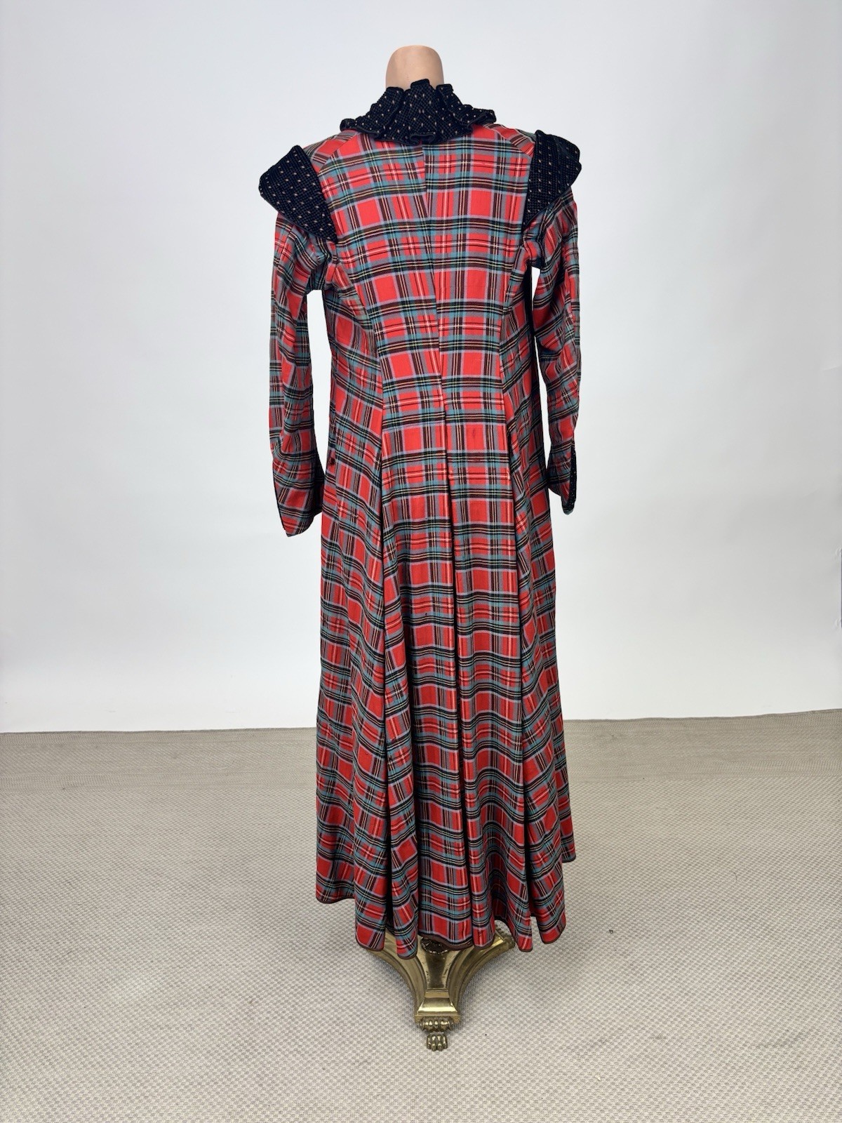 Antique Victorian Walking Coat Plaid Red Green Black Yellow Burnout Velvet AS IS