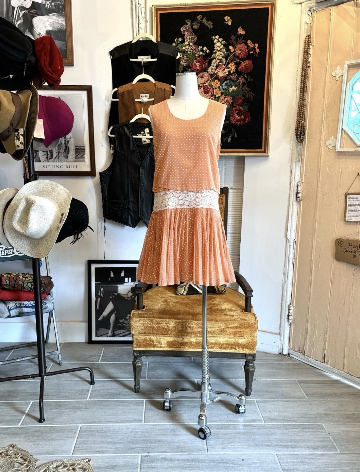 Vintage 60&rsquo;s Orange Polka Dot Dress Cotton Drop Waist Lace Size Small Medium