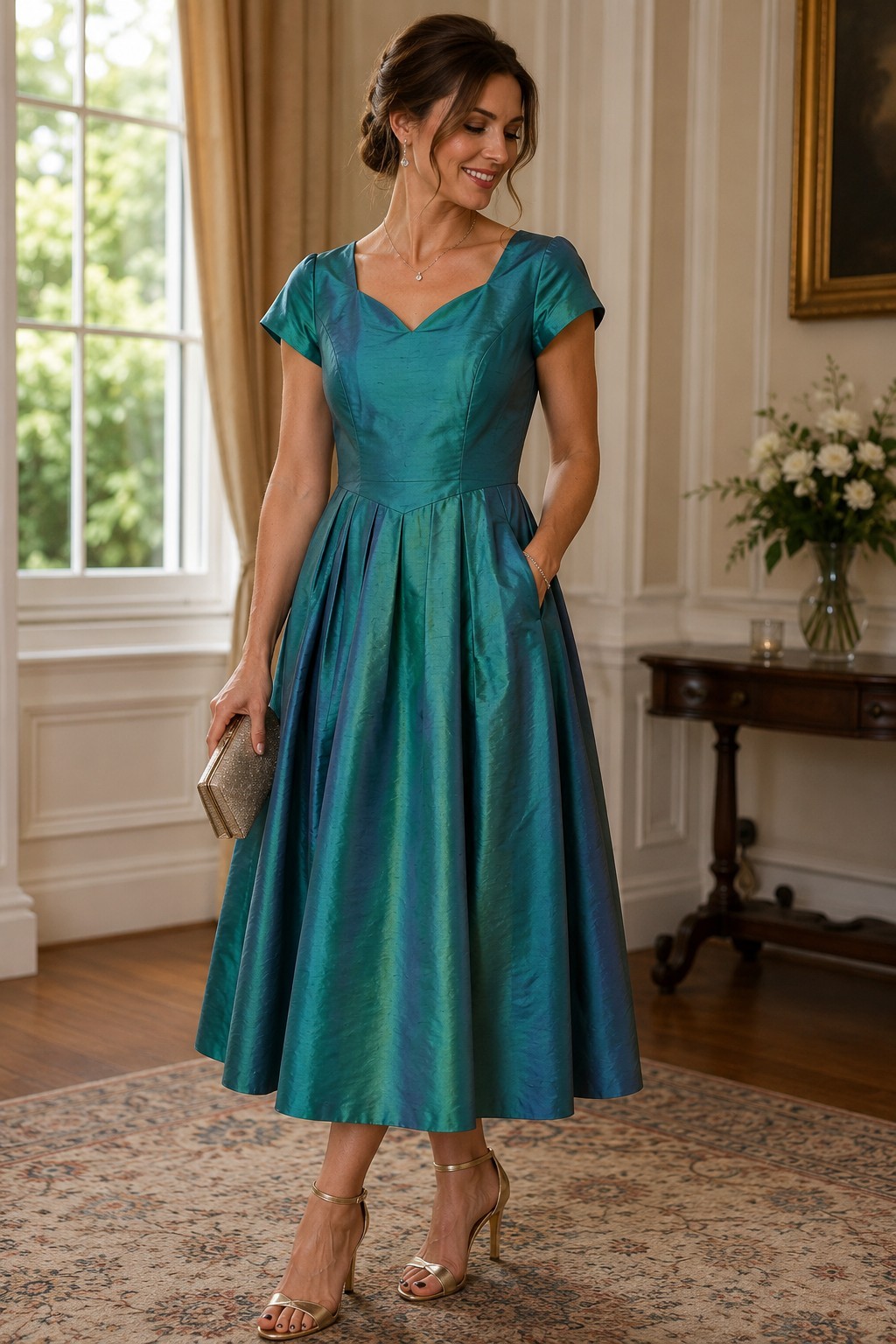 VINTAGE LAURA ASHLEY 100% SILK DUPIONI Iridescent Peacock Fit &Flare Dress US 12