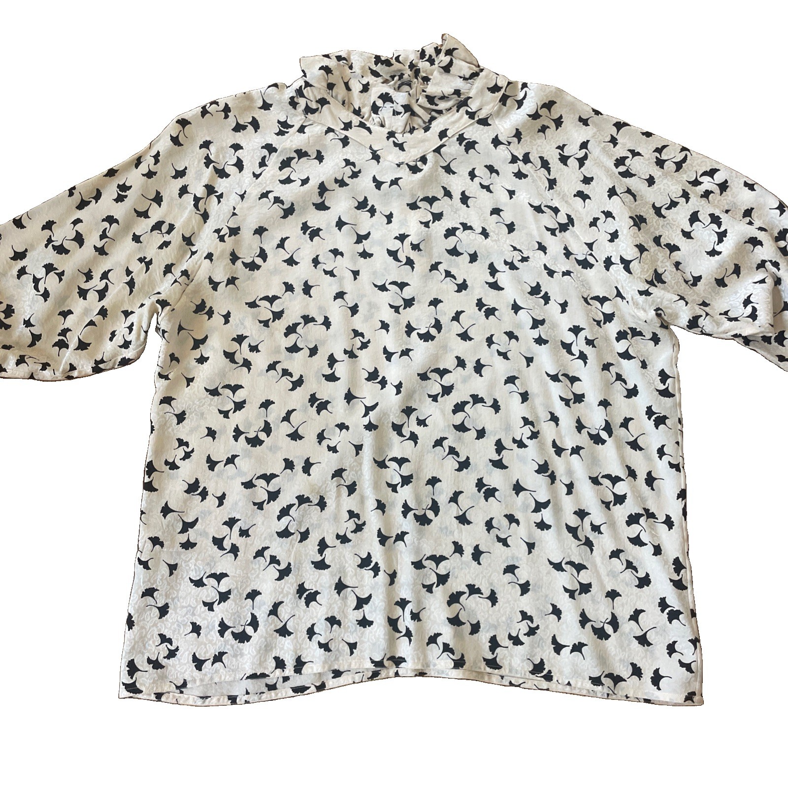 Vintage Jerri Sherman Ginkgo Leaf Cream And Black Pattern Blouse 100% Silk Sz 14