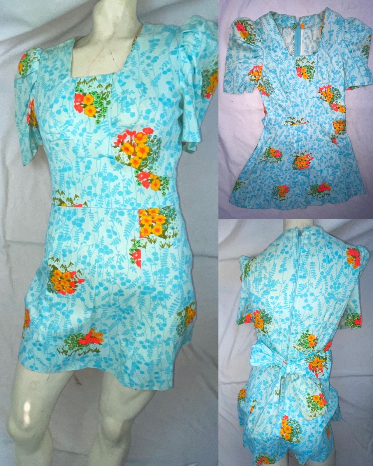 VTG 60S 70S WOMEN BLUE FLOWER BARKCLOTH HAWAIIAN MINI DISCO HIPPY CUTE DRESS