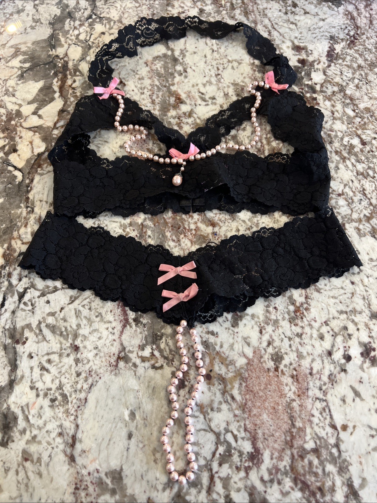 Vintage NWT Victoria’s Secret Bracli Pearl Strand Lace Set Thong And Bra P/S