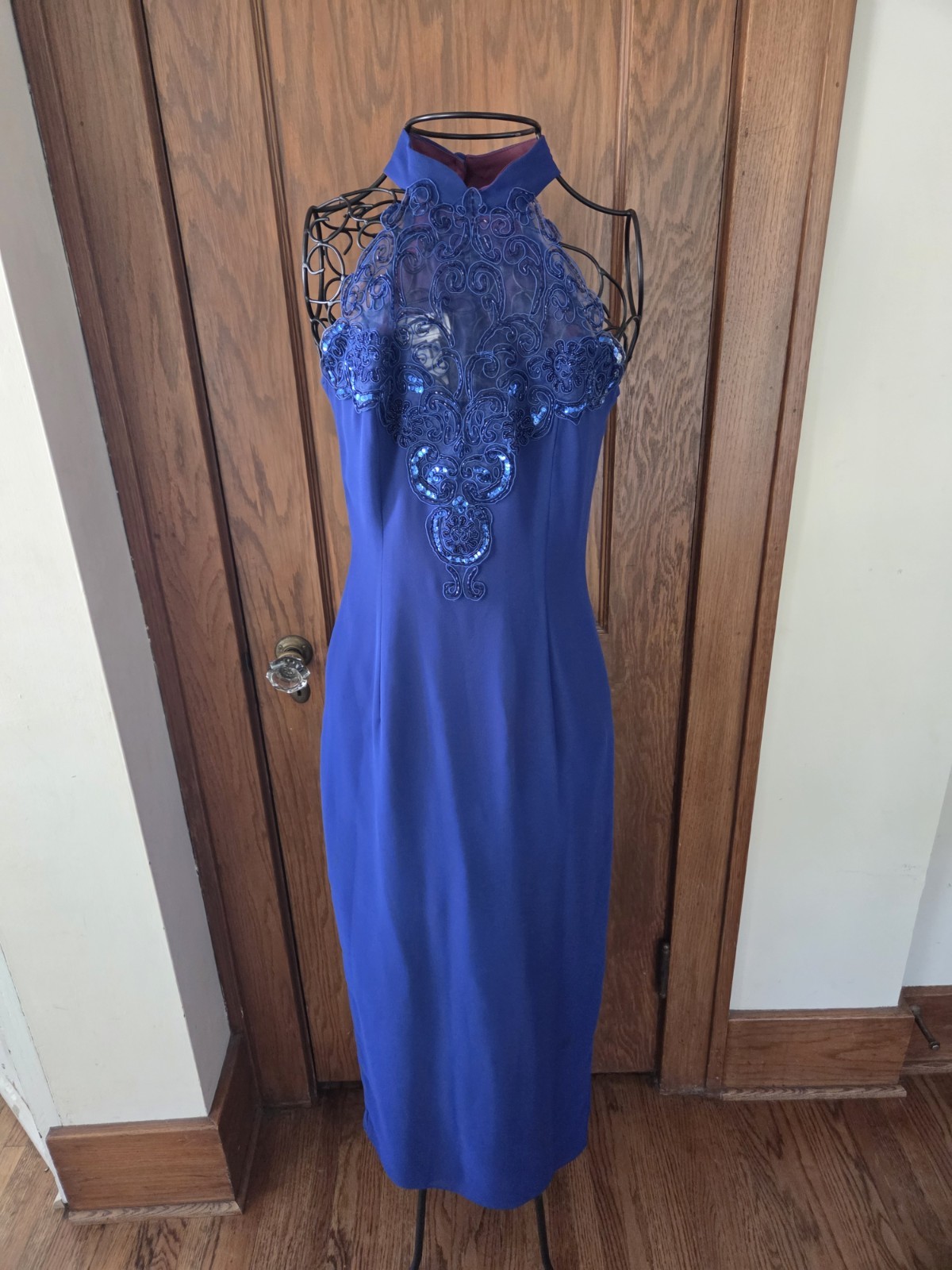 Scott McClintock Vintage 90s Blue Beaded Sequin Prom Dress Evening Gown Size 6