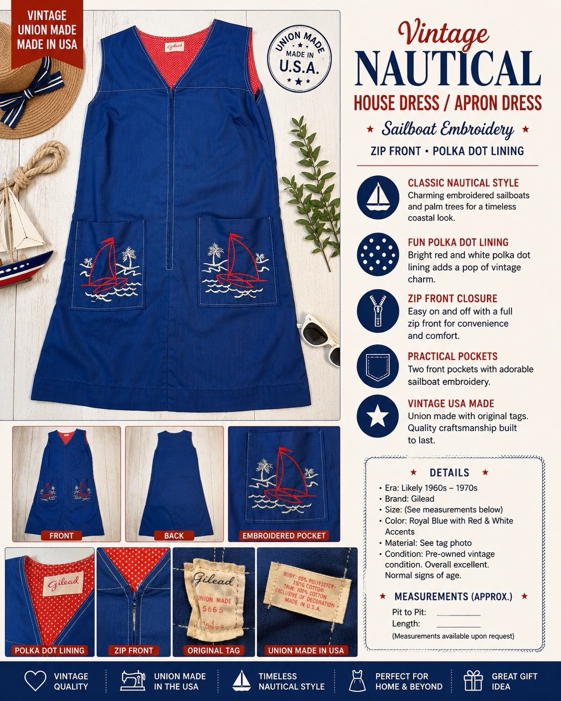 Gilead Nautical House Apron Dress 1960s 1970s Sailboat Embroidery Zip Royal Blue