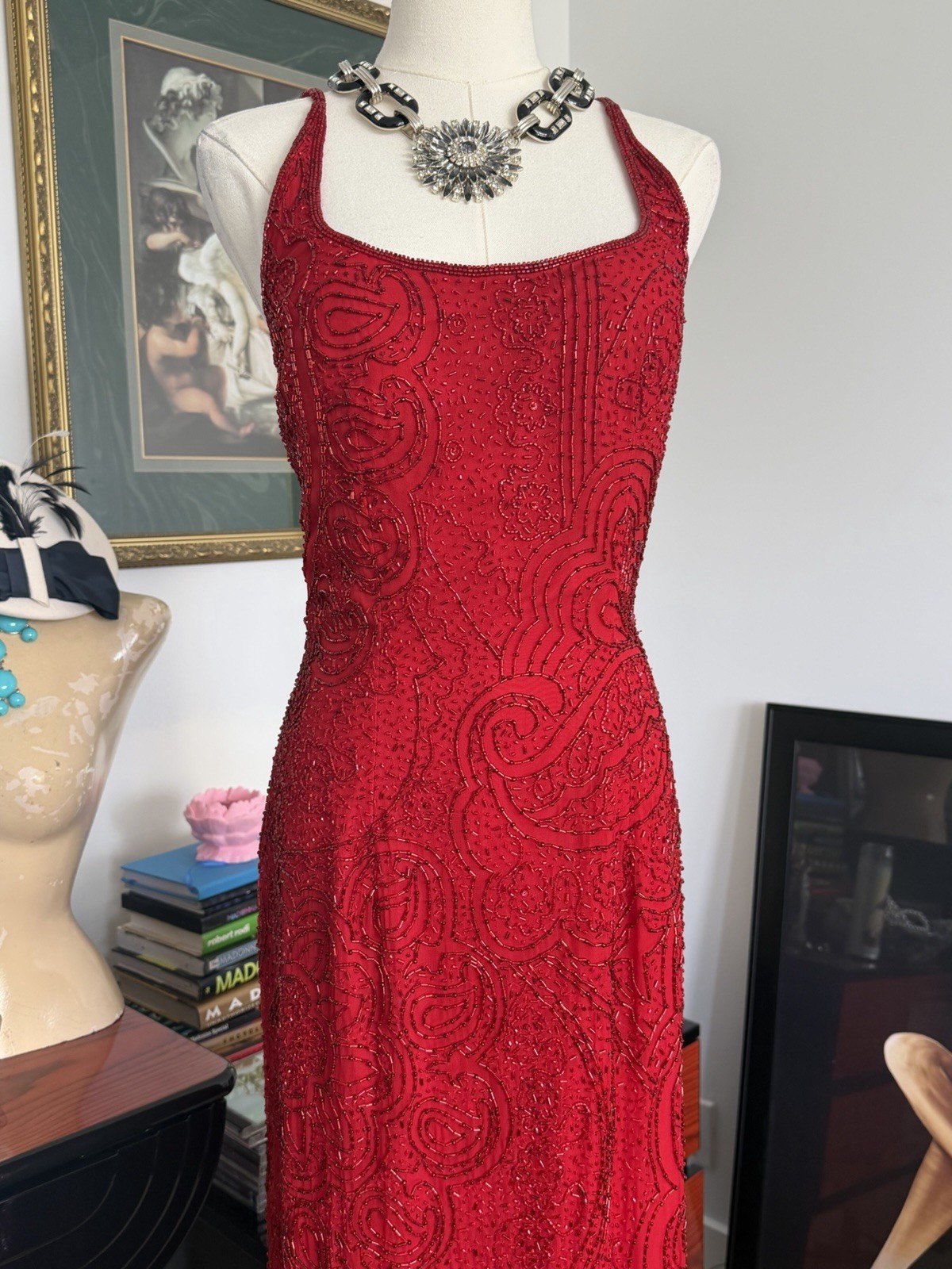 Vintage Cache Red Fully Beaded Evening Gown Deadstock NWT Size M