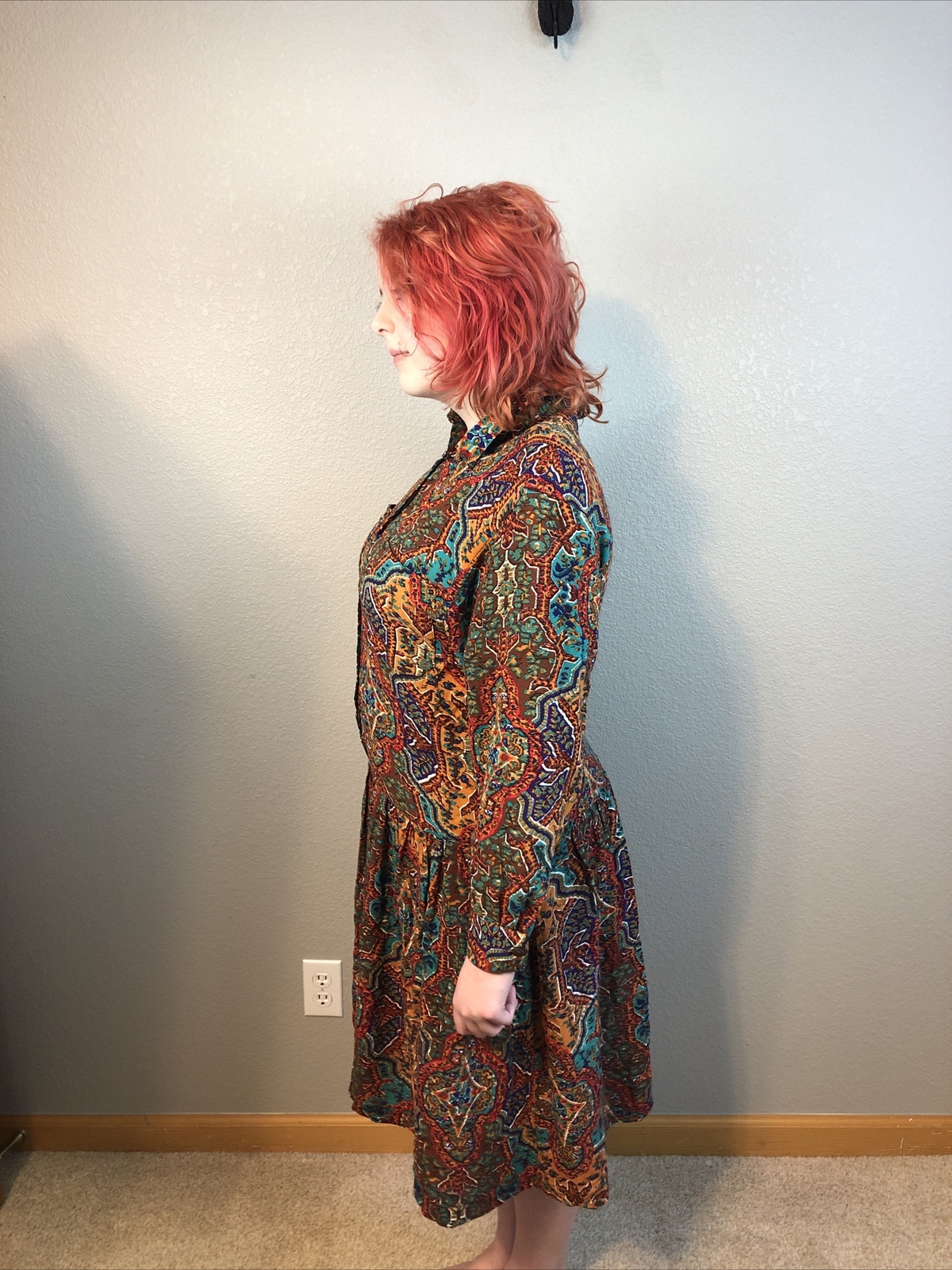 Vintage Forenza Paisley Dress Size M in Brown/Copper/Turquoise w/Shoulder pads