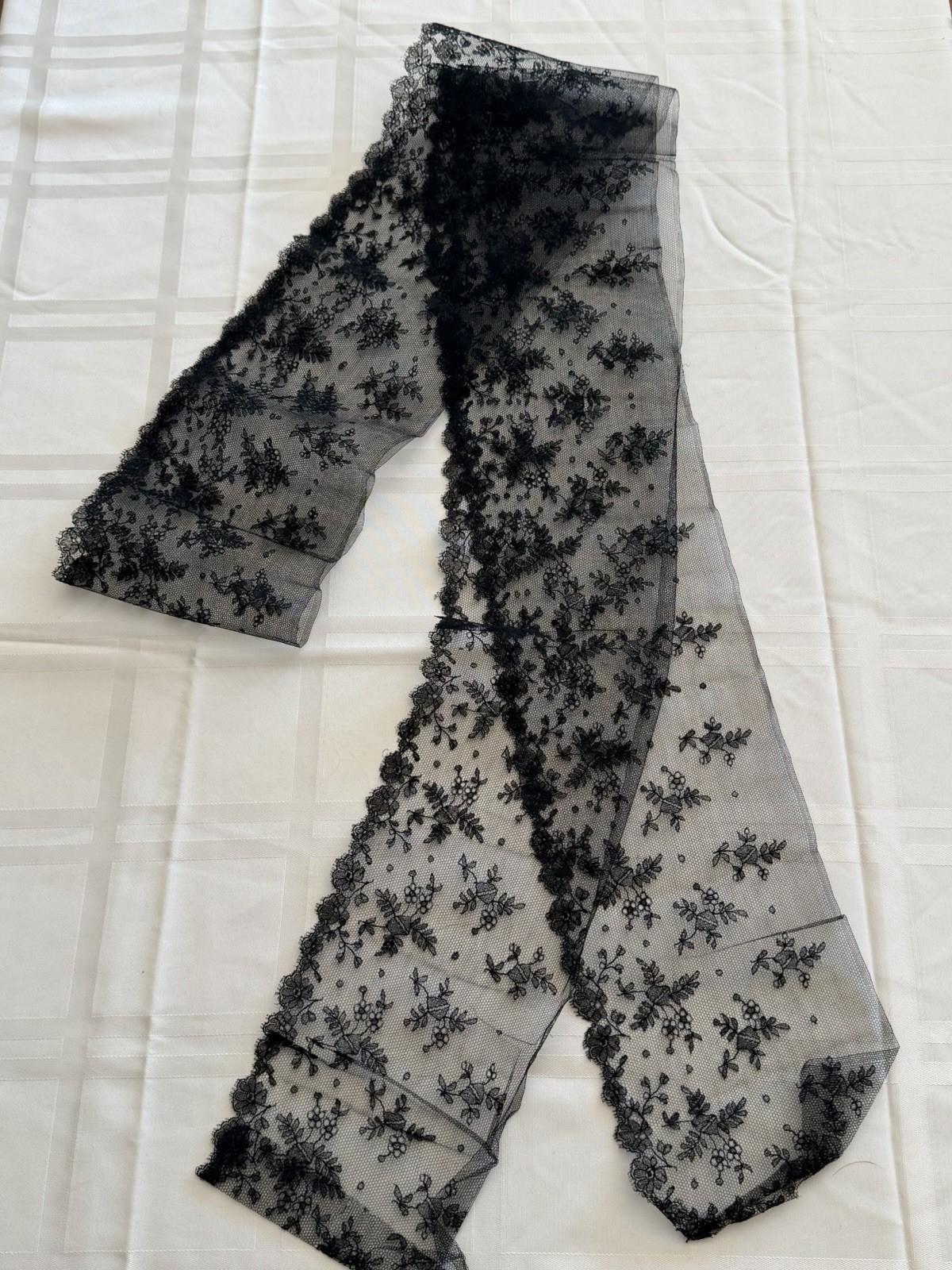 Early 1900s Black Embroidered Silk Chantilly Lace Trim Scarf 2.5 yards x 5&Prime;