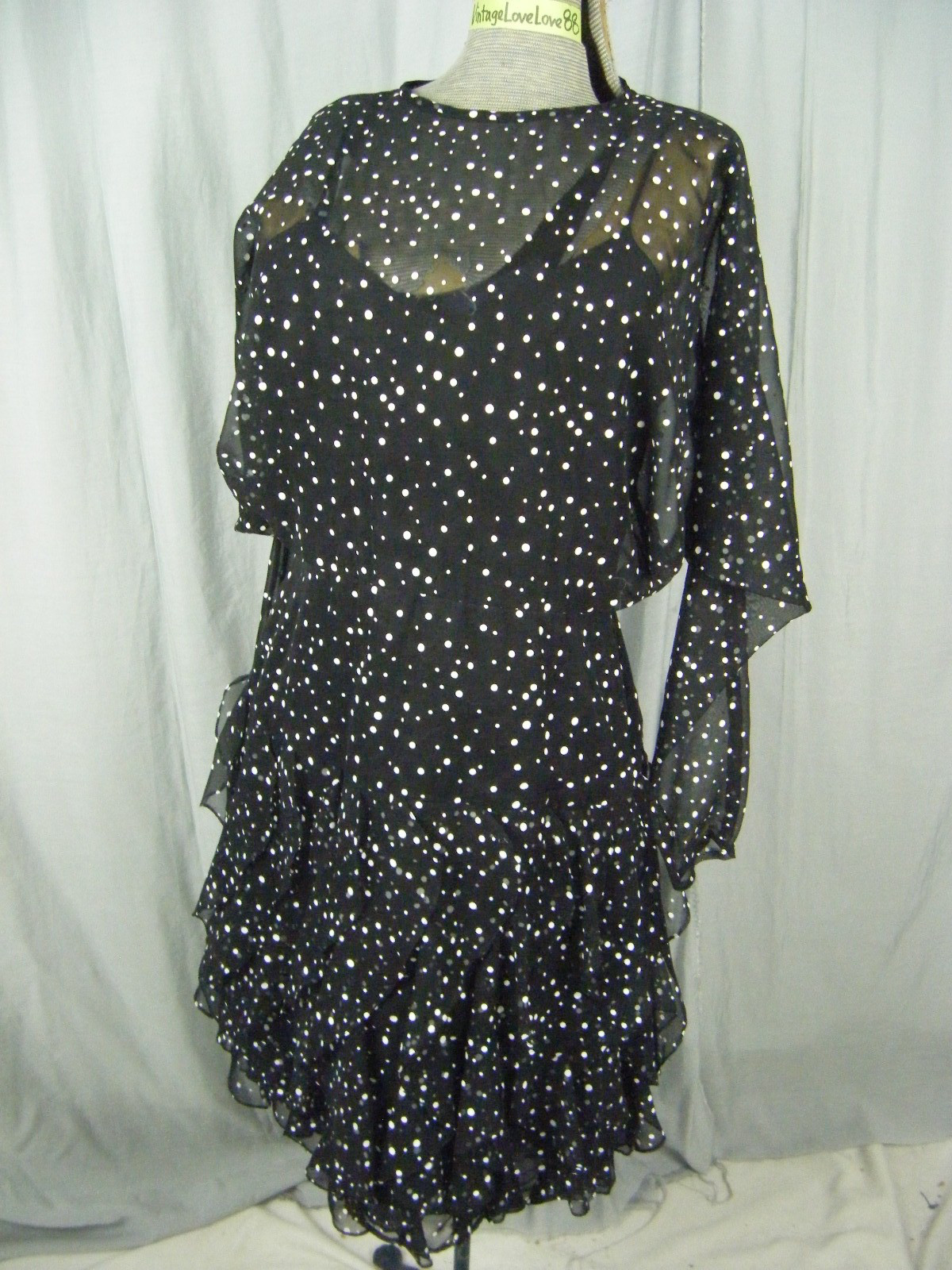 BETSY & ADAM Vtg 70s Sheer Black Polka Dots Batwing Ruffle Dress-Bust 36/2XS-XS