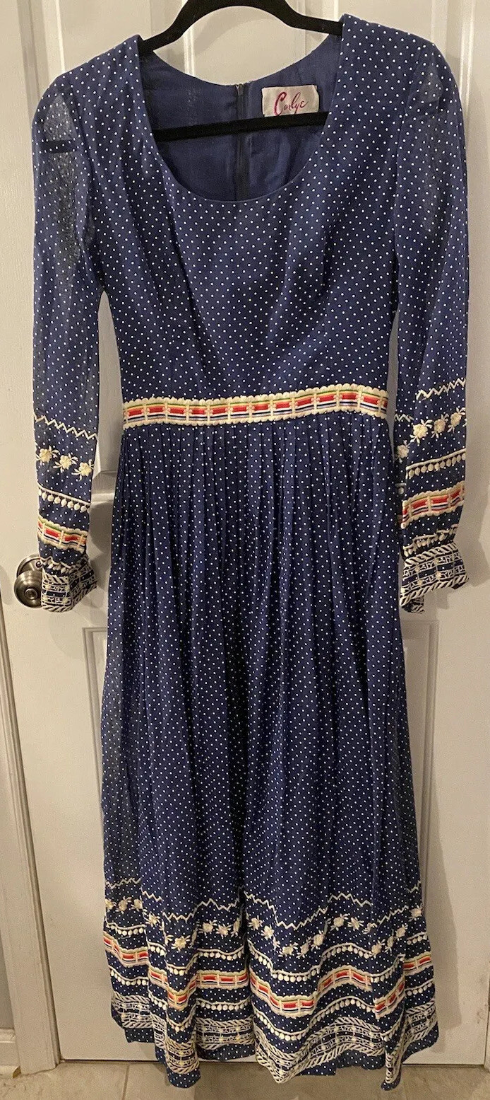 Vintage CARLYE Women’s Size S (?) Navy White Polka Dot Embroidered Long Dress