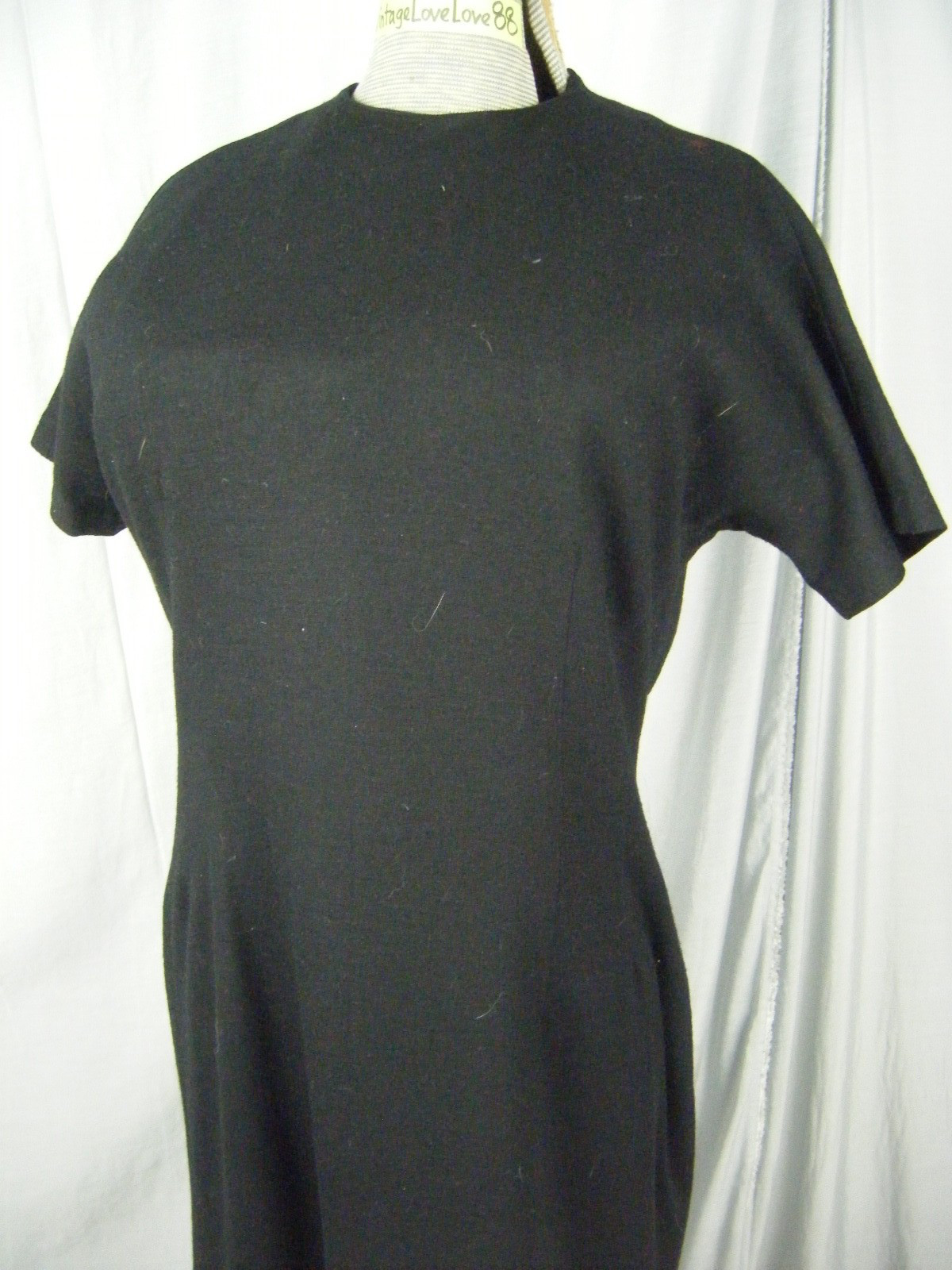 Vtg 60s Simple Black Wool Blended Sheath Dress-Bust 38/S-M