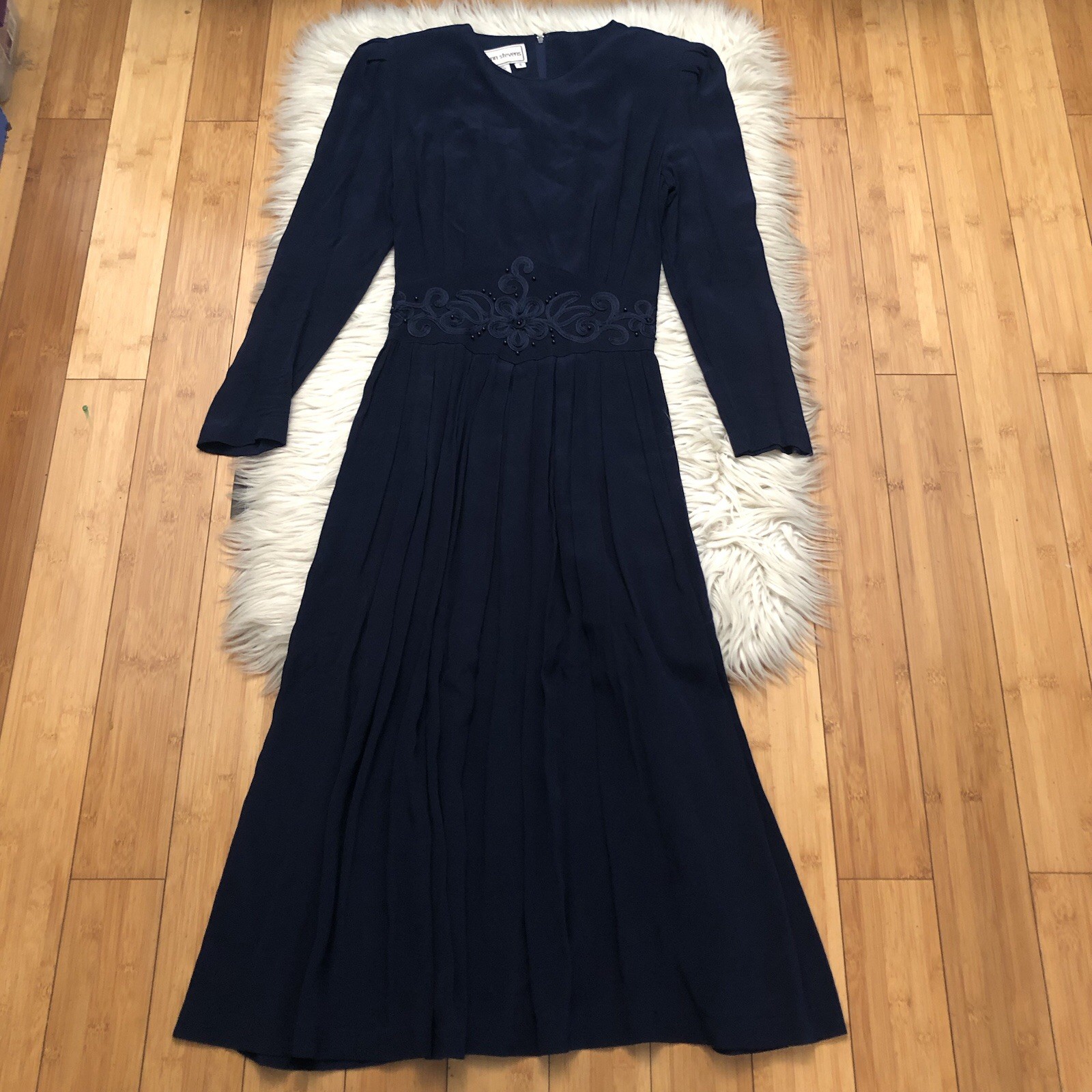 Vintage 70s Karin Stevens Beaded Embroidered Whimsical Navy Blue Maxi Dress 6