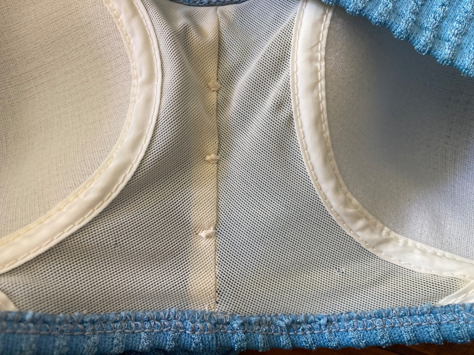 Vintage Sz 14 1960-70s Sky Blue Two Piece Bikini Set Knit Seersucker Stripe Mod