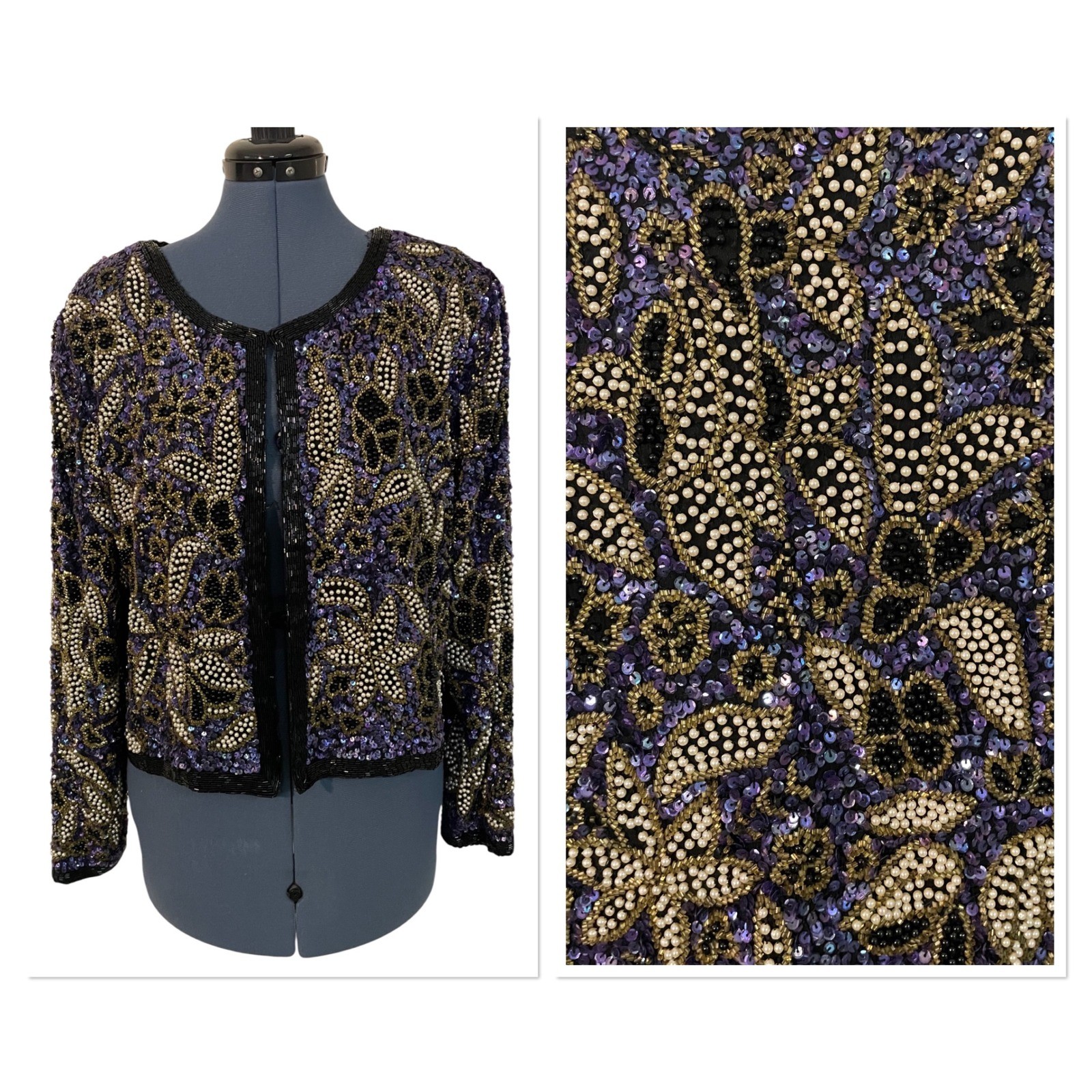 Vtg Stenay Purple Gold Floral Beaded Silk Evening Crop Jacket Bolero Glam XL
