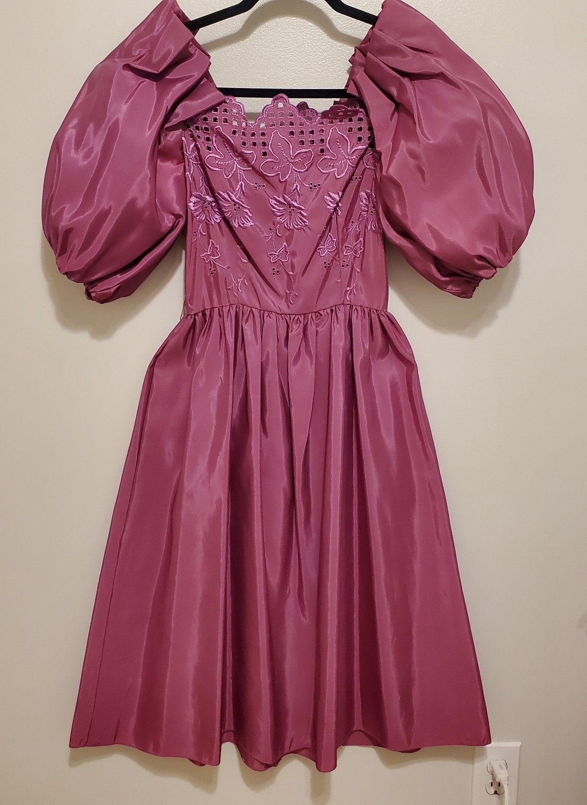 VTG Puff sleeve off shoulder taffeta mauve Prom Gown Dress 5/6 USA Union Made