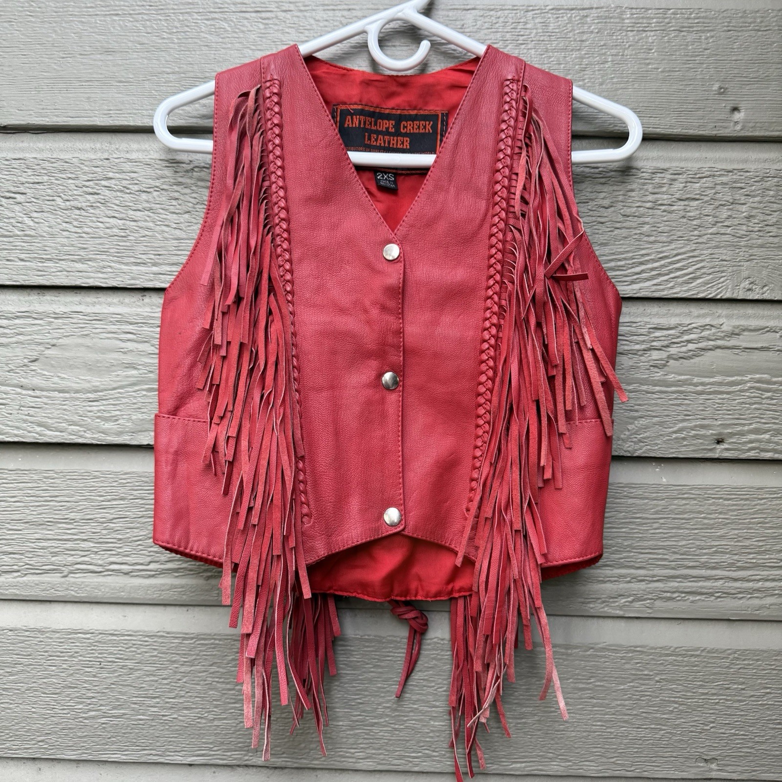 Vintage Antelope Creek Women’s 2XS Red Leather Fringed Vest, Lined, Pockets GUC
