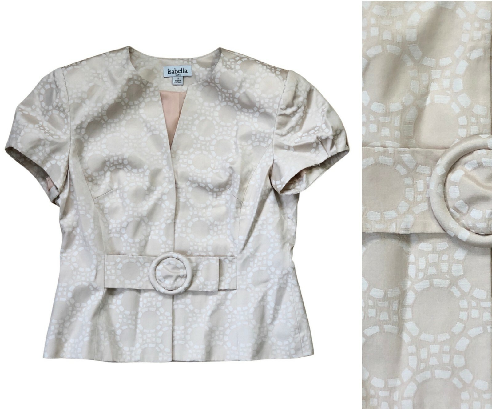 Vintage Womens Blazer Short Sleeve 1990s Beige Abstract Print Jacket Size Medium