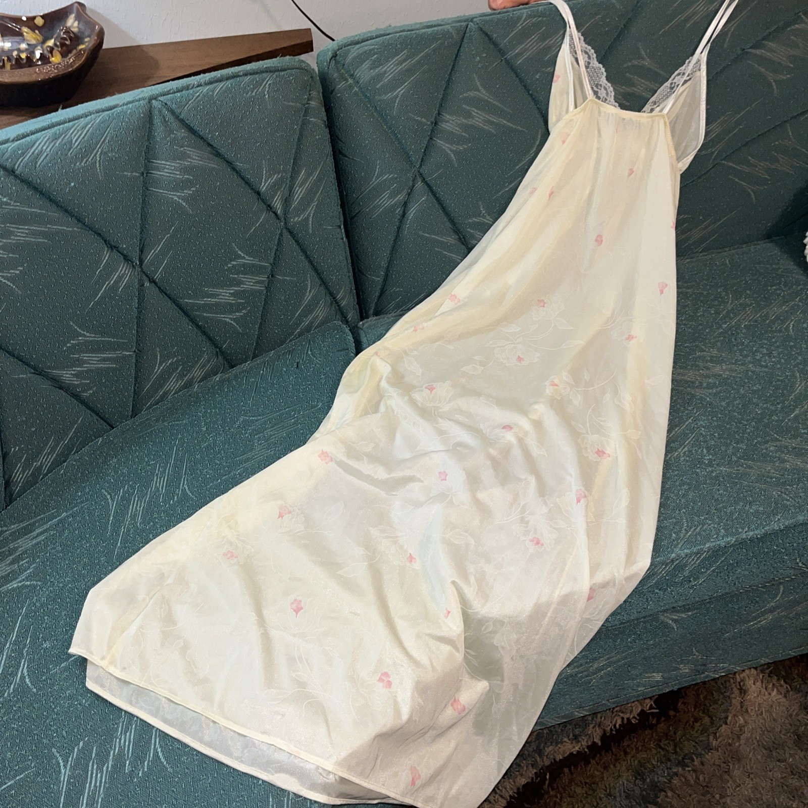 Vtg Val Mode Maxi Nightgown Medium Ivory Floral Pink Flowers Slip Chemise V Neck